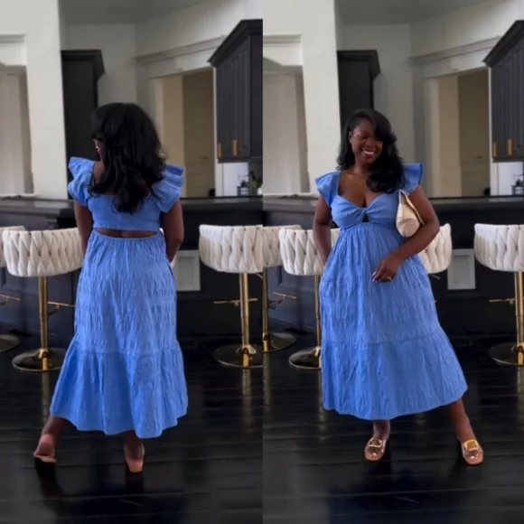 BLUE UNIVERSAL THREAD RUFFLE FLUTTER SLEEVE PUCKER SMOCK TWIST FRONT MIDI DRESS - Picture 5 of 11